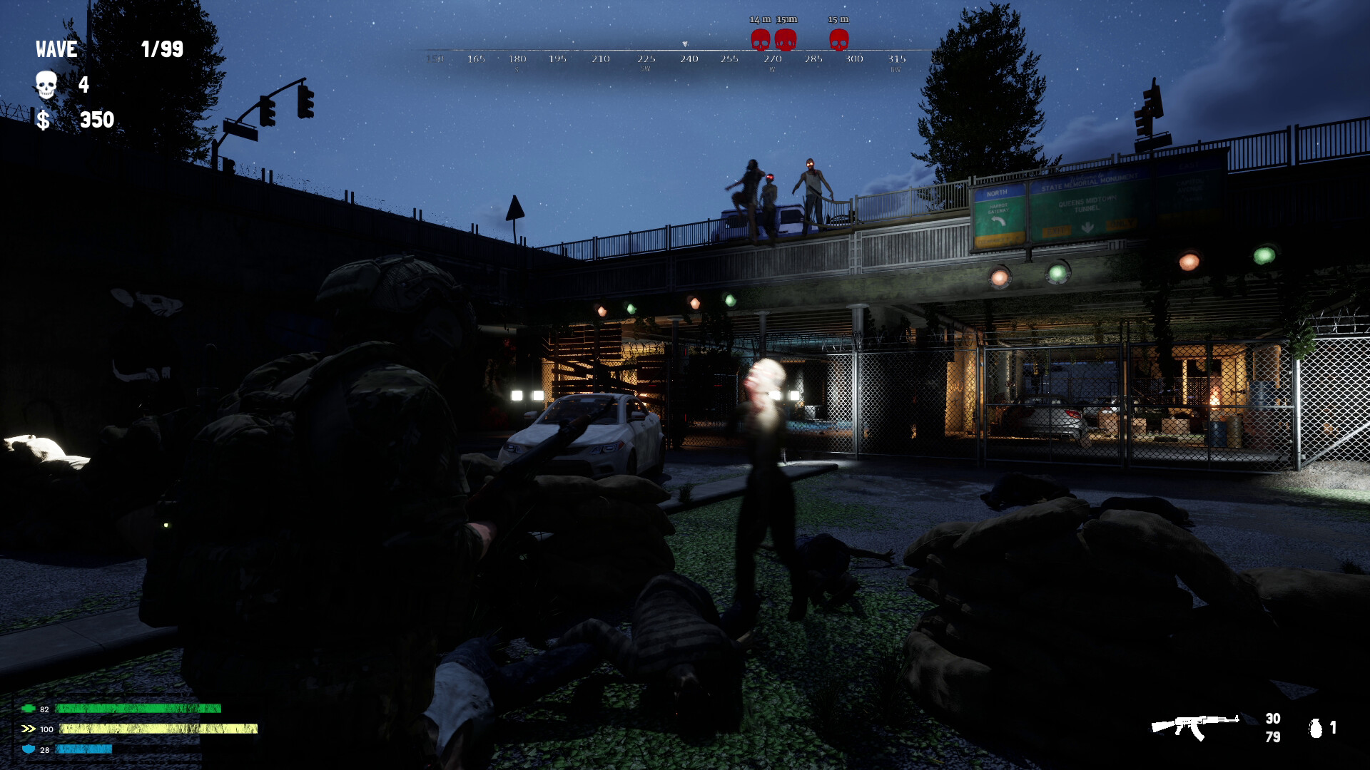 Glory Defence gameplay: defending a fortified urban zone against zombies at night