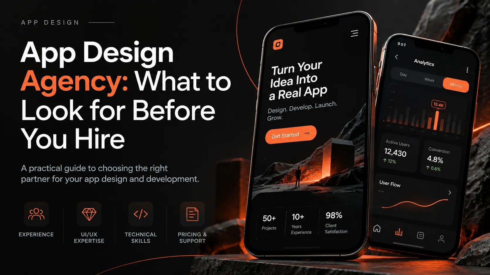 The guide title beside two phones showing a concept app screen and a demo analytics dashboard