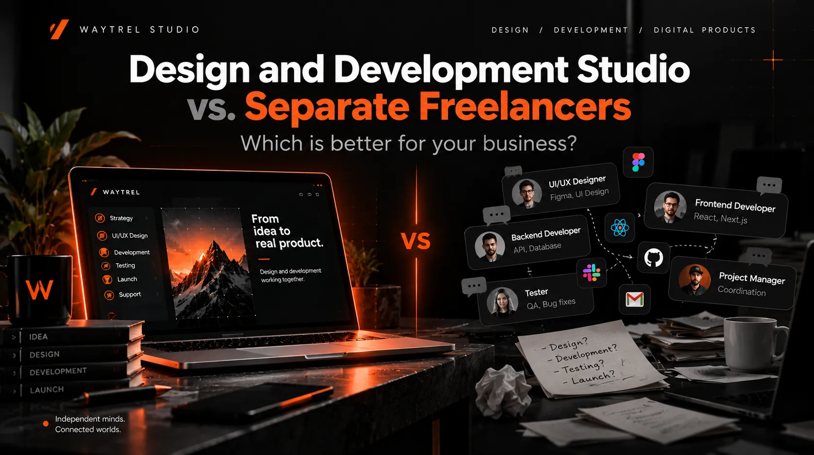 The article title over a laptop with the studio workflow and, opposite it, floating cards of separate freelancers