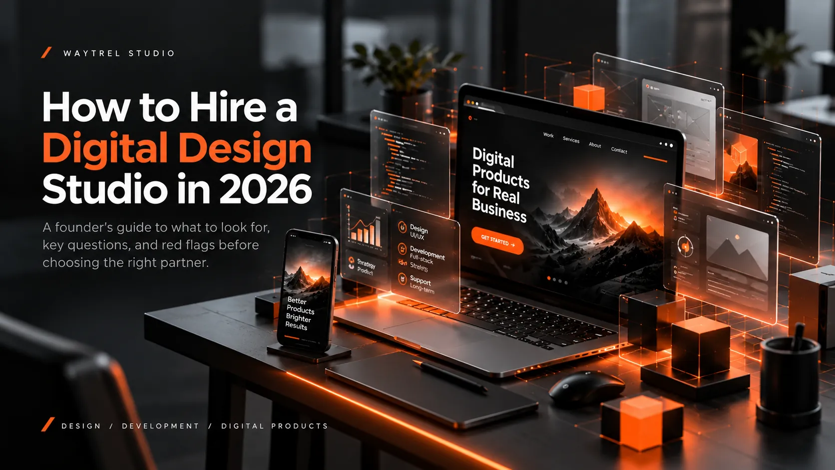 Floating panels for design, development, strategy and support around a laptop and phone with product interfaces