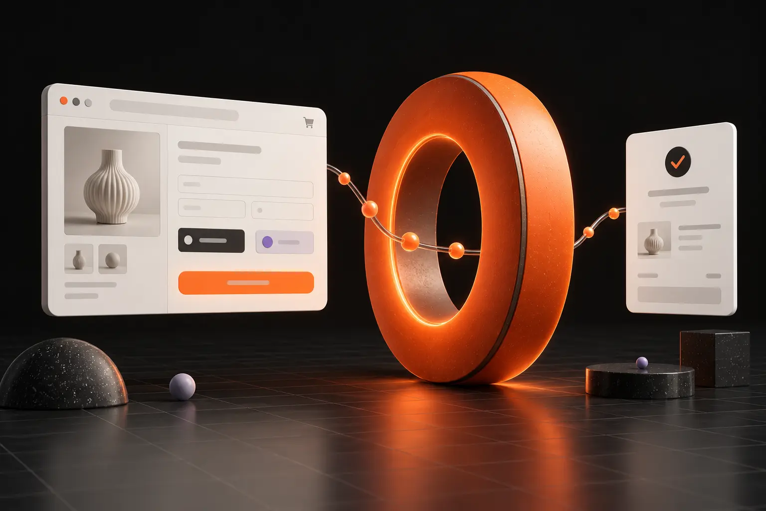An orange gateway links a sculptural online checkout with an order confirmation