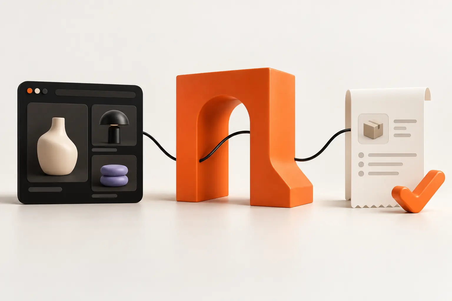 A shop window, orange gateway and order receipt connected by a black cable